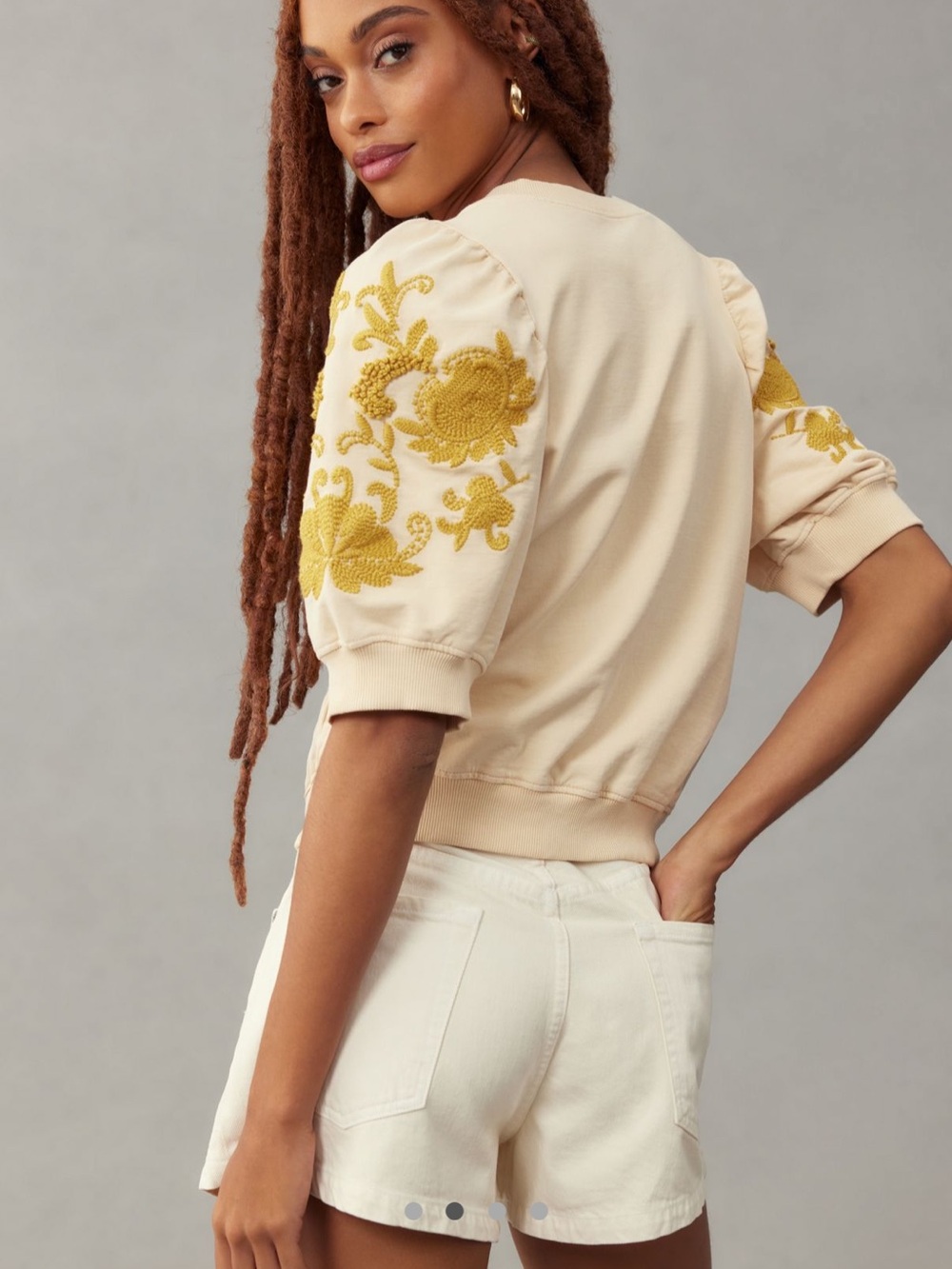 Anthropologie Cream Short-Sleeve Top with Gold Floral Embroidery - Picture 3 of 12
